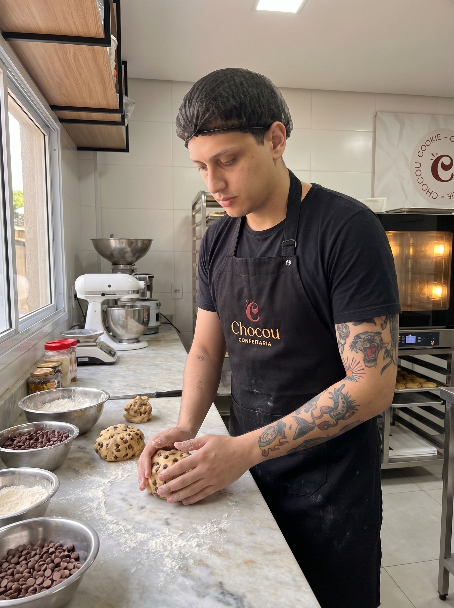 Higor Candido preparando cookies na cozinha da Chocou Confeitaria
